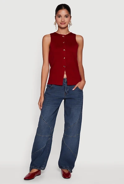 Womens Metallic Button Front Sleeveless Sweater, Burgundy,