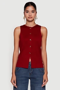 Womens Metallic Button Front Sleeveless Sweater, Burgundy,