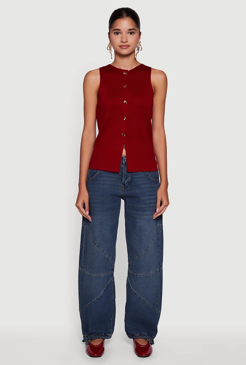 Womens Metallic Button Front Sleeveless Sweater, Burgundy,