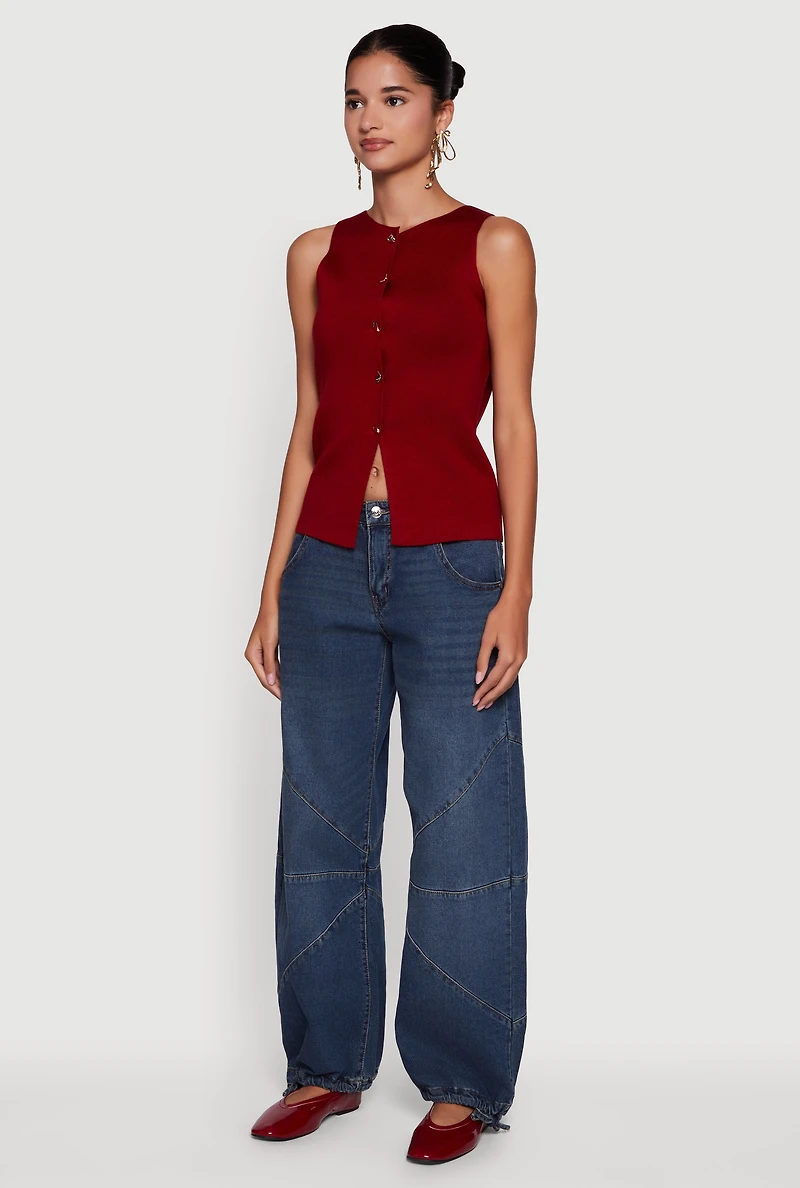 Womens Metallic Button Front Sleeveless Sweater, Burgundy,