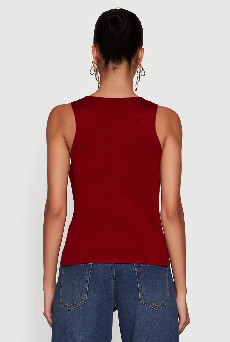 Womens Metallic Button Front Sleeveless Sweater, Burgundy,