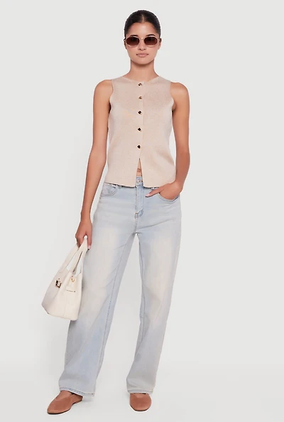 Womens Metallic Button Front Sleeveless Sweater,