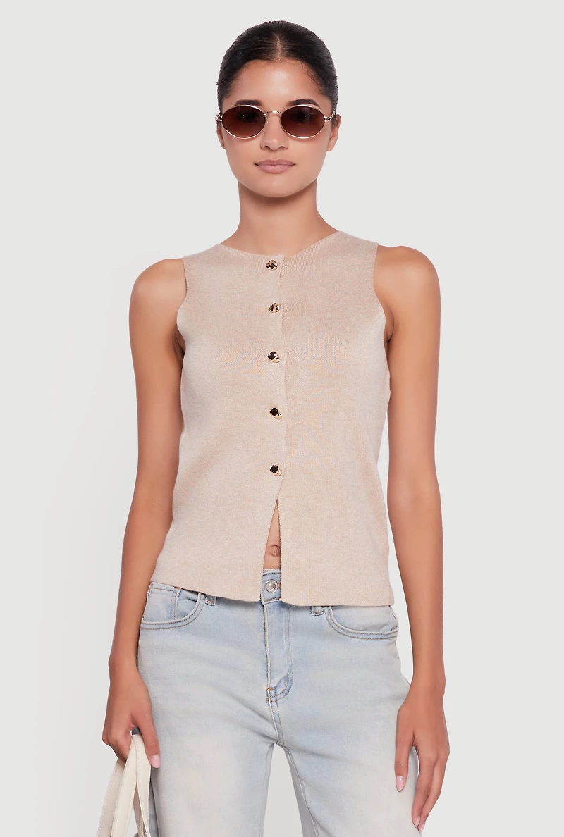 Metallic Button Front Sleeveless Sweater