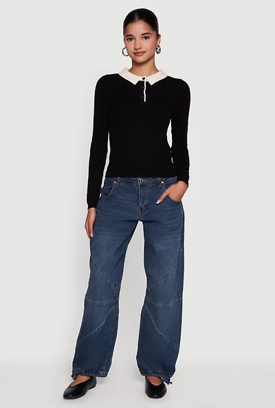 Womens Cable Knit Contrast Trim Polo Sweater,