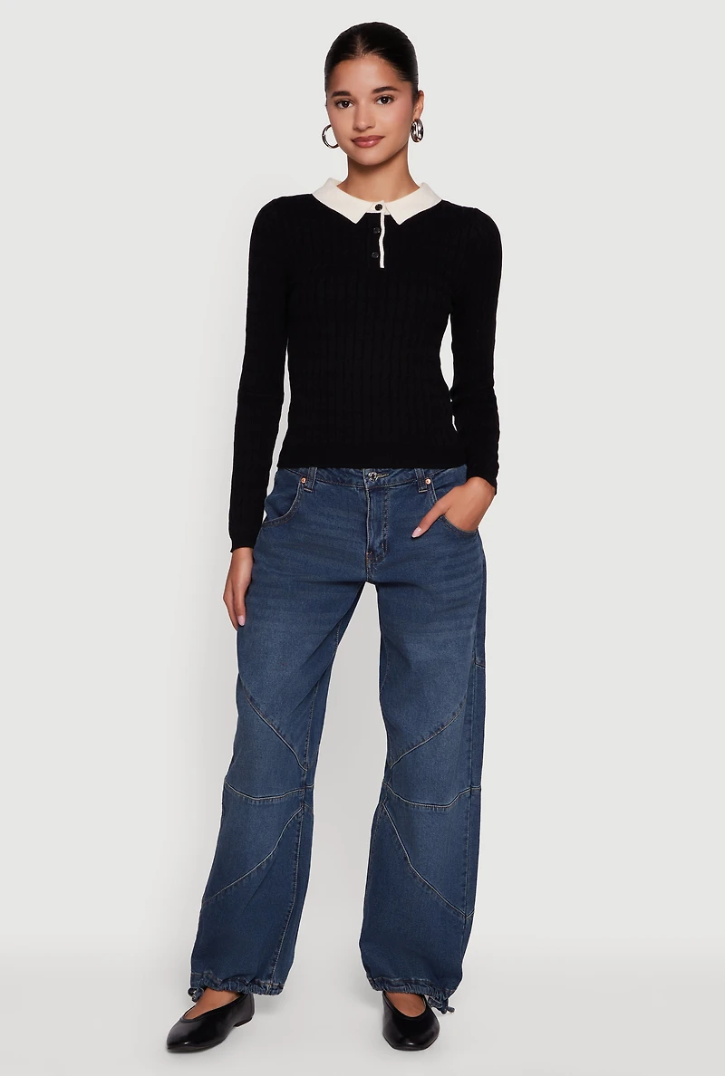 Cable Knit Contrast Trim Polo Sweater