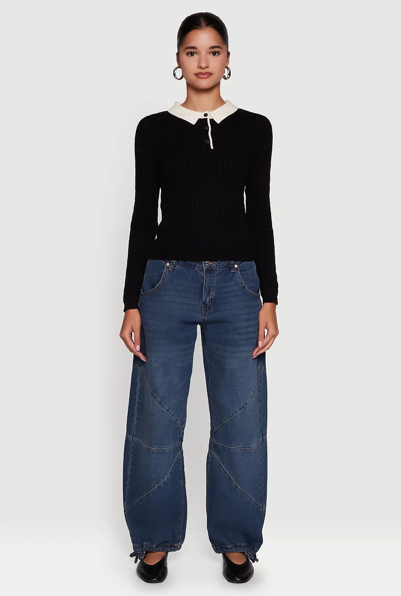 Womens Cable Knit Contrast Trim Polo Sweater, Black, Size S