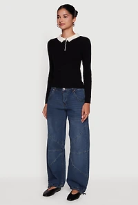 Womens Cable Knit Contrast Trim Polo Sweater, Black, Size S