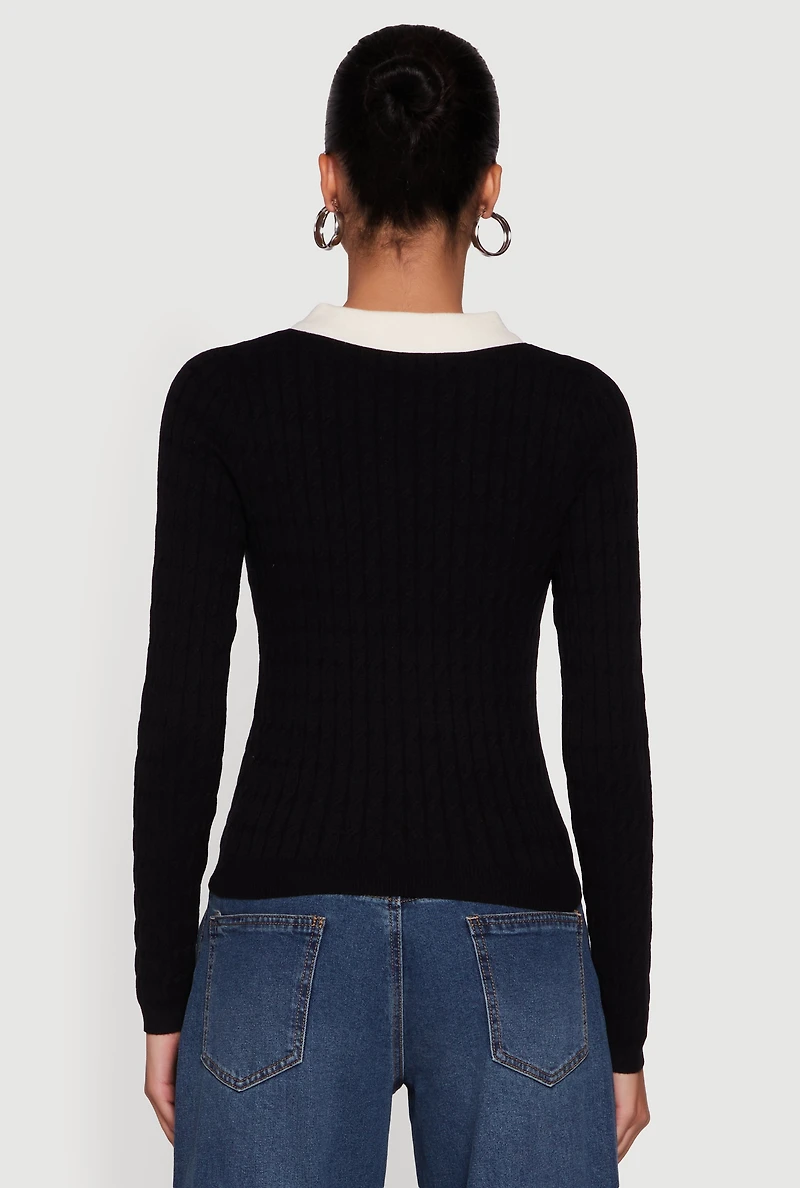 Womens Cable Knit Contrast Trim Polo Sweater, Black, Size S