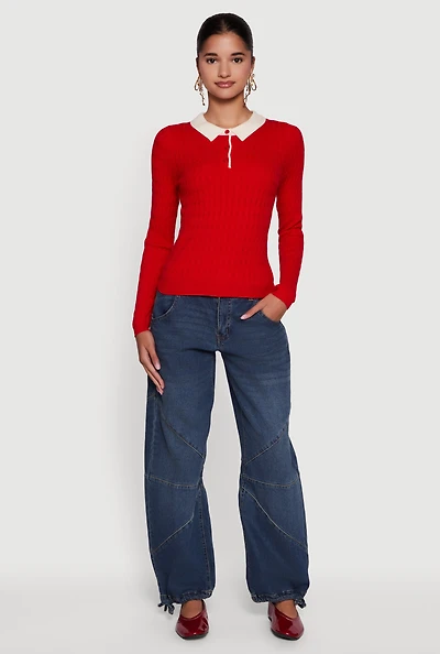 Womens Cable Knit Contrast Trim Polo Sweater, Red, Size L