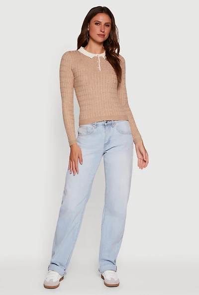 Womens Cable Knit Contrast Trim Polo Sweater, Beige,