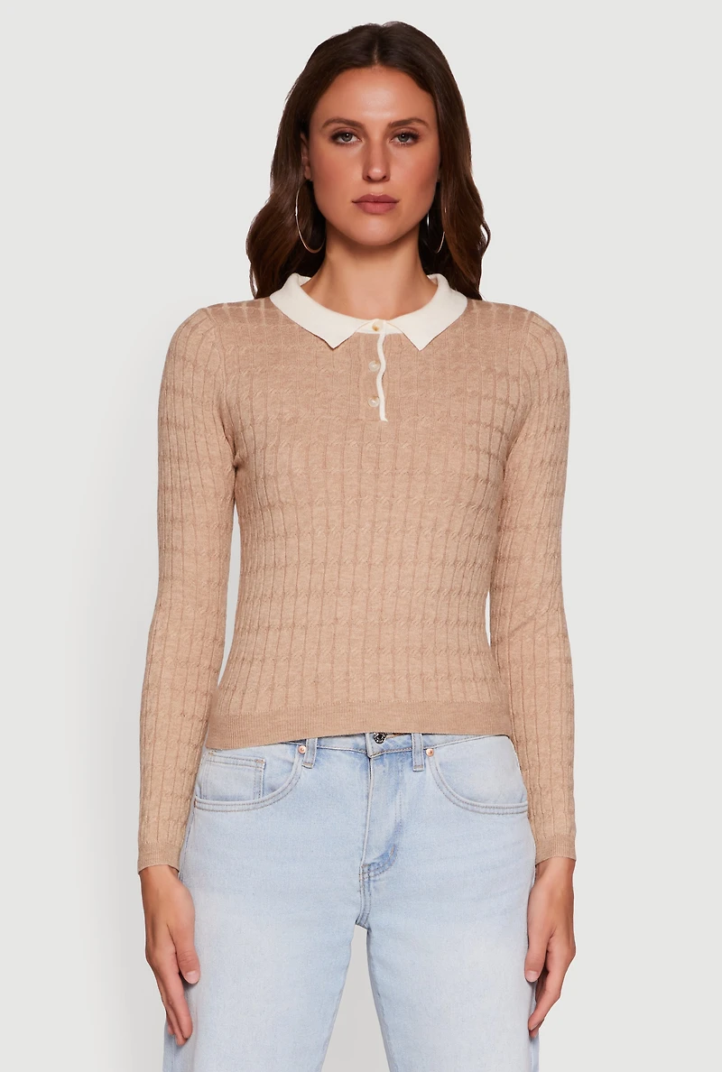 Womens Cable Knit Contrast Trim Polo Sweater, Beige,