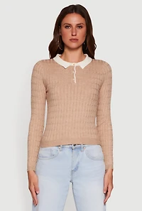 Womens Cable Knit Contrast Trim Polo Sweater, Beige,