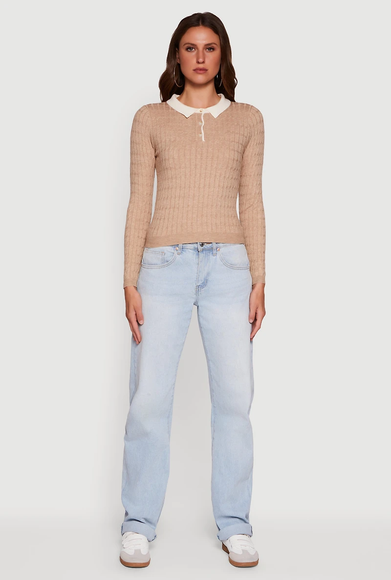 Womens Cable Knit Contrast Trim Polo Sweater, Beige,