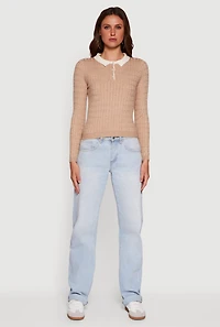 Womens Cable Knit Contrast Trim Polo Sweater, Beige,