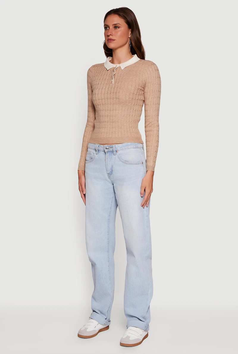 Womens Cable Knit Contrast Trim Polo Sweater, Beige,