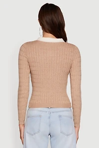 Womens Cable Knit Contrast Trim Polo Sweater, Beige,
