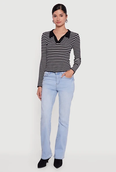 Womens Striped Rib Knit Long Sleeve Polo Shirt, Black, Size M