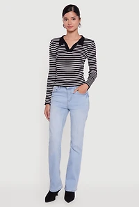 Womens Striped Rib Knit Long Sleeve Polo Shirt, Black, Size M