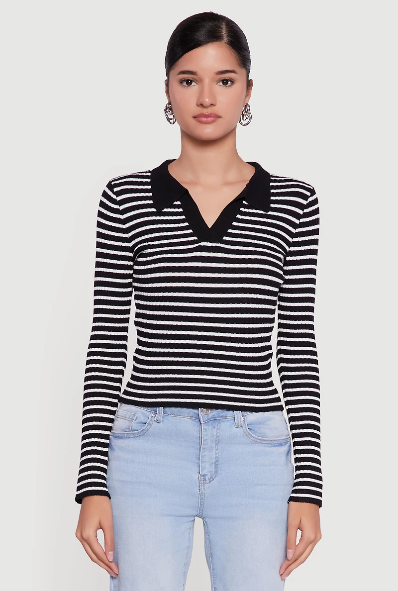 Womens Striped Rib Knit Long Sleeve Polo Shirt, Black, Size M