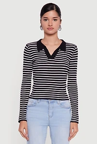 Womens Striped Rib Knit Long Sleeve Polo Shirt, M