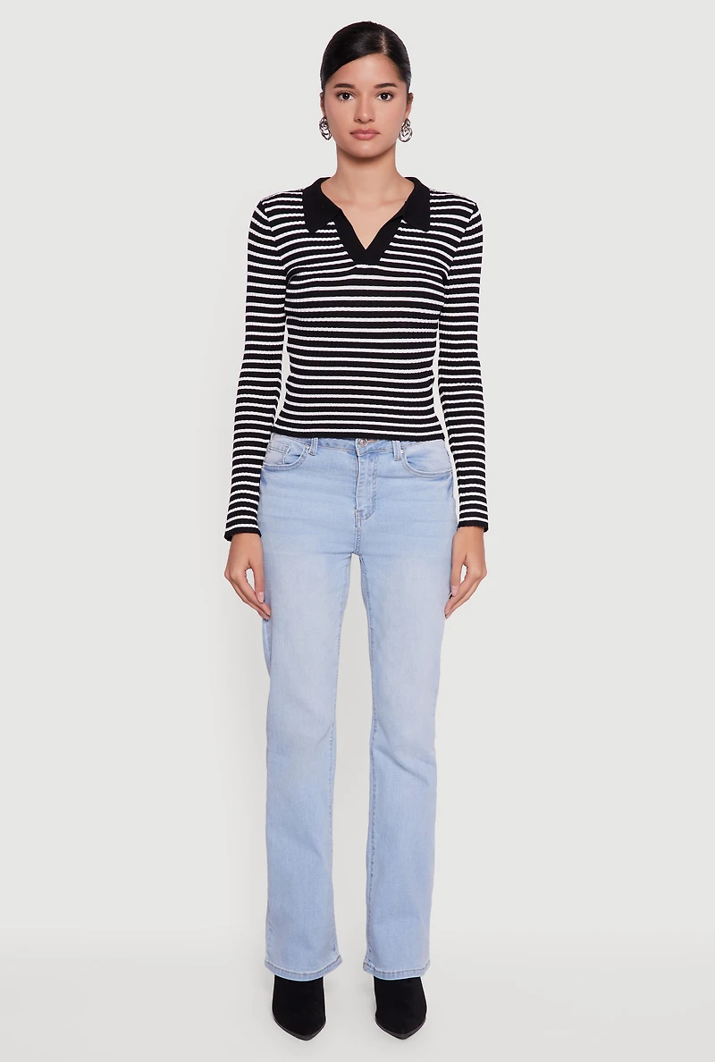 Womens Striped Rib Knit Long Sleeve Polo Shirt, M