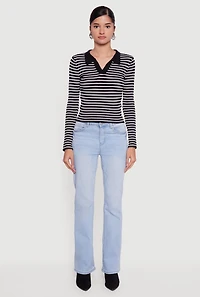 Womens Striped Rib Knit Long Sleeve Polo Shirt, M