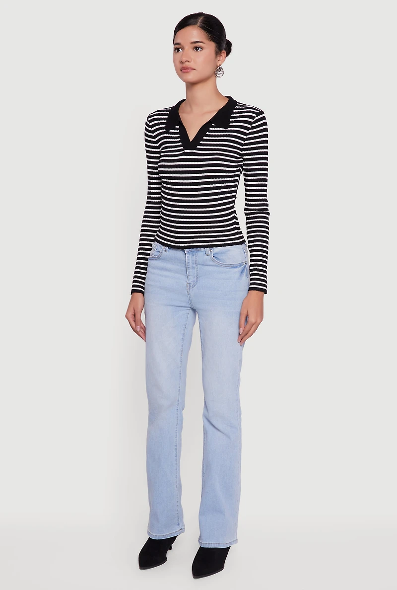 Womens Striped Rib Knit Long Sleeve Polo Shirt, M