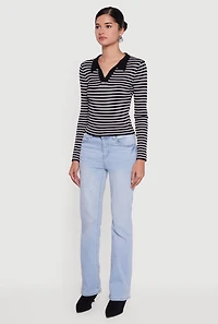 Womens Striped Rib Knit Long Sleeve Polo Shirt, M