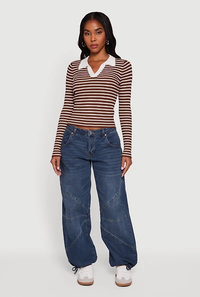 Striped Rib Knit Long Sleeve Polo Shirt