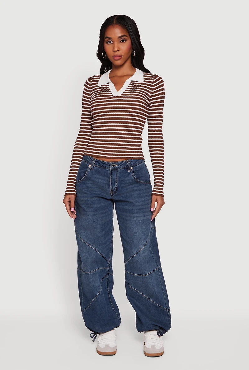 Striped Rib Knit Long Sleeve Polo Shirt