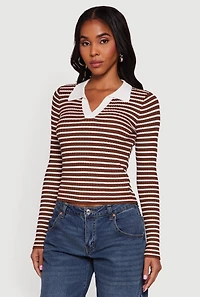 Striped Rib Knit Long Sleeve Polo Shirt