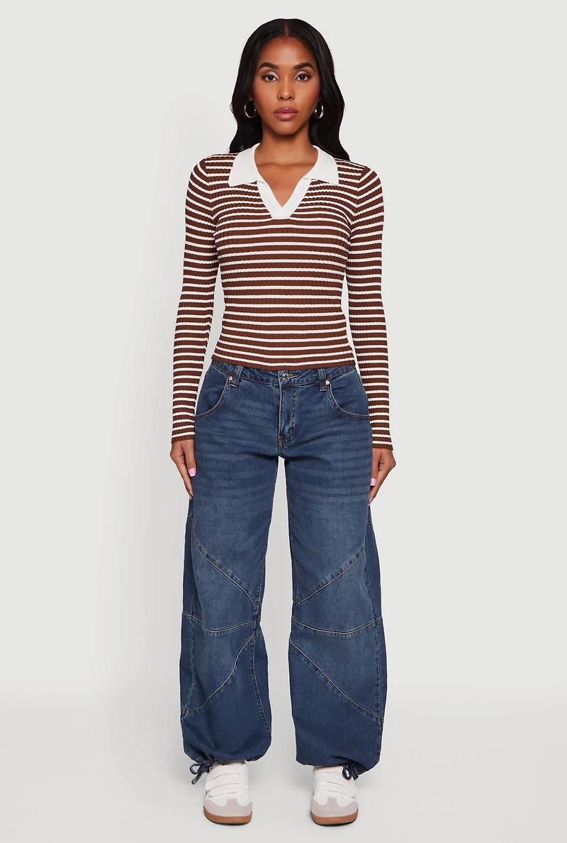 Striped Rib Knit Long Sleeve Polo Shirt