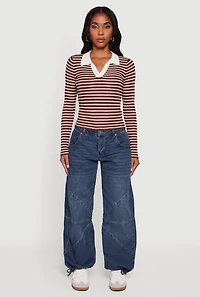 Striped Rib Knit Long Sleeve Polo Shirt