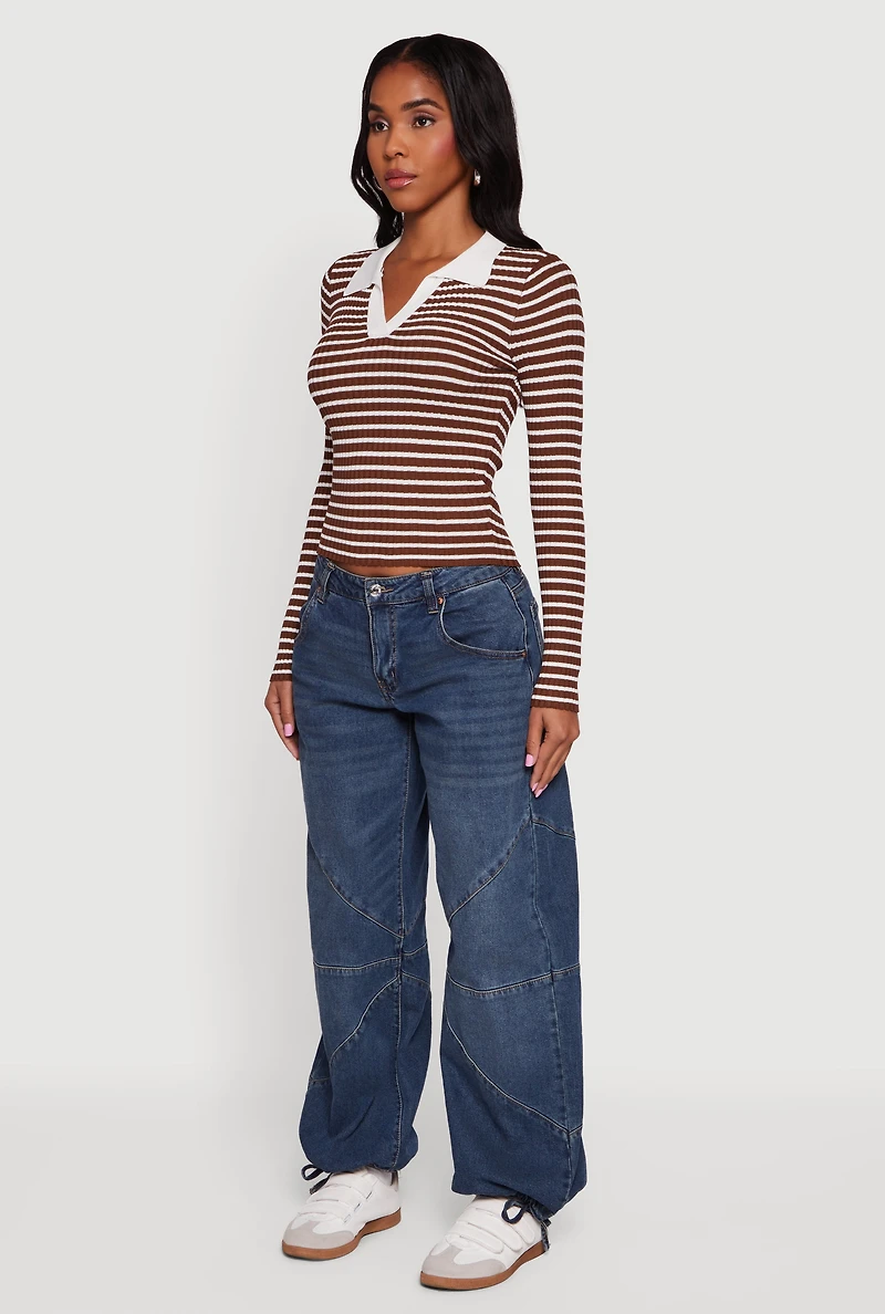 Striped Rib Knit Long Sleeve Polo Shirt