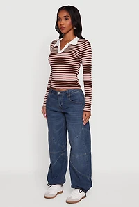 Striped Rib Knit Long Sleeve Polo Shirt