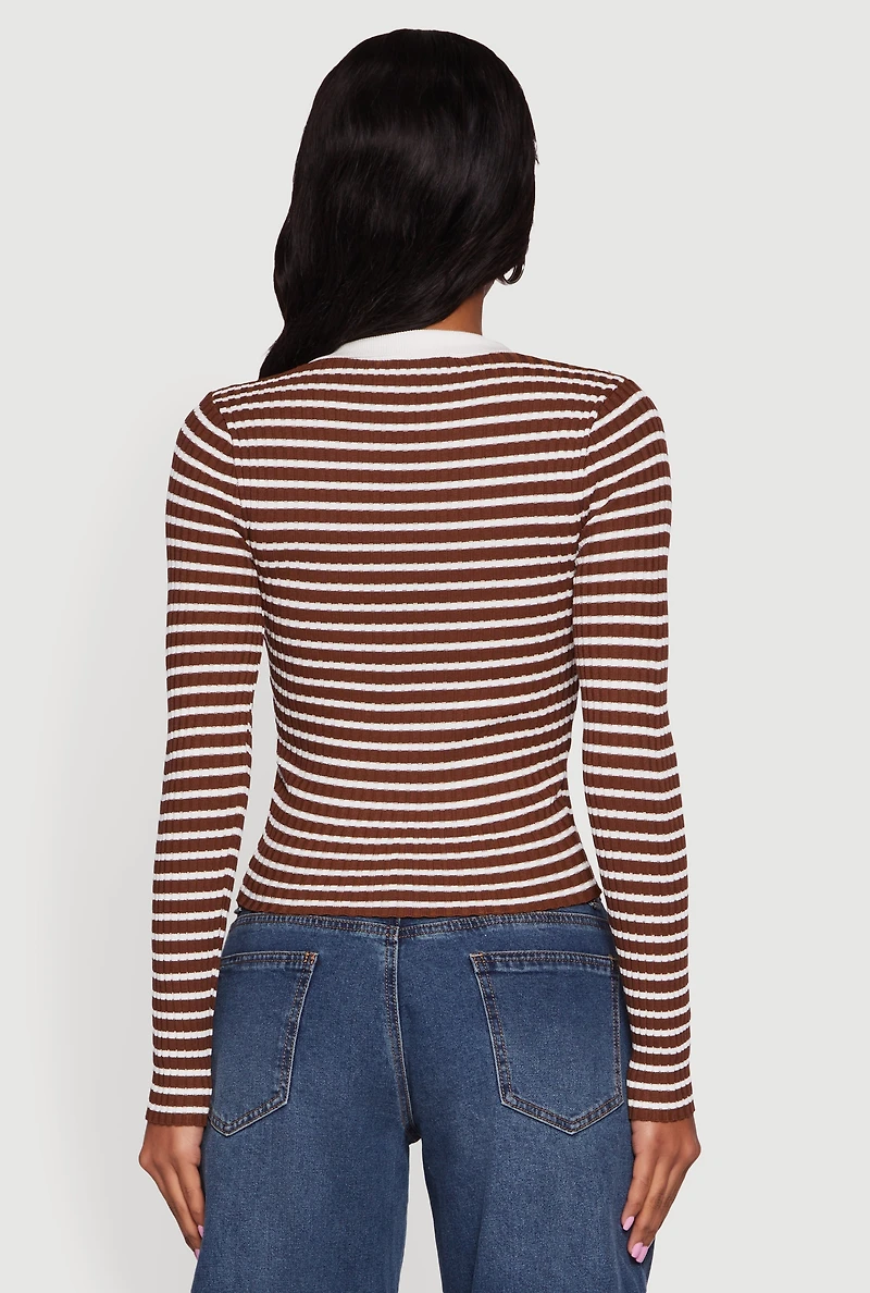 Striped Rib Knit Long Sleeve Polo Shirt