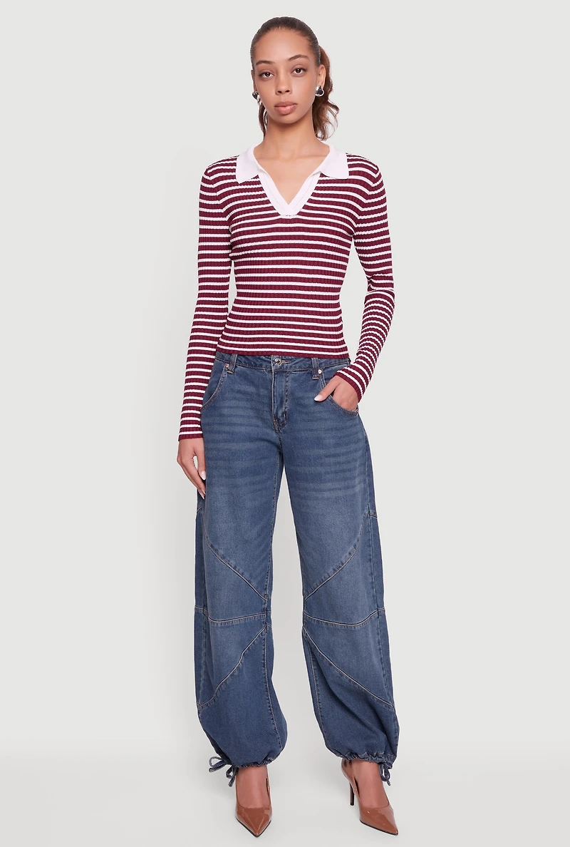 Womens Striped Rib Knit Long Sleeve Polo Shirt, Burgundy, Size L