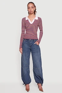 Womens Striped Rib Knit Long Sleeve Polo Shirt, Burgundy, Size L