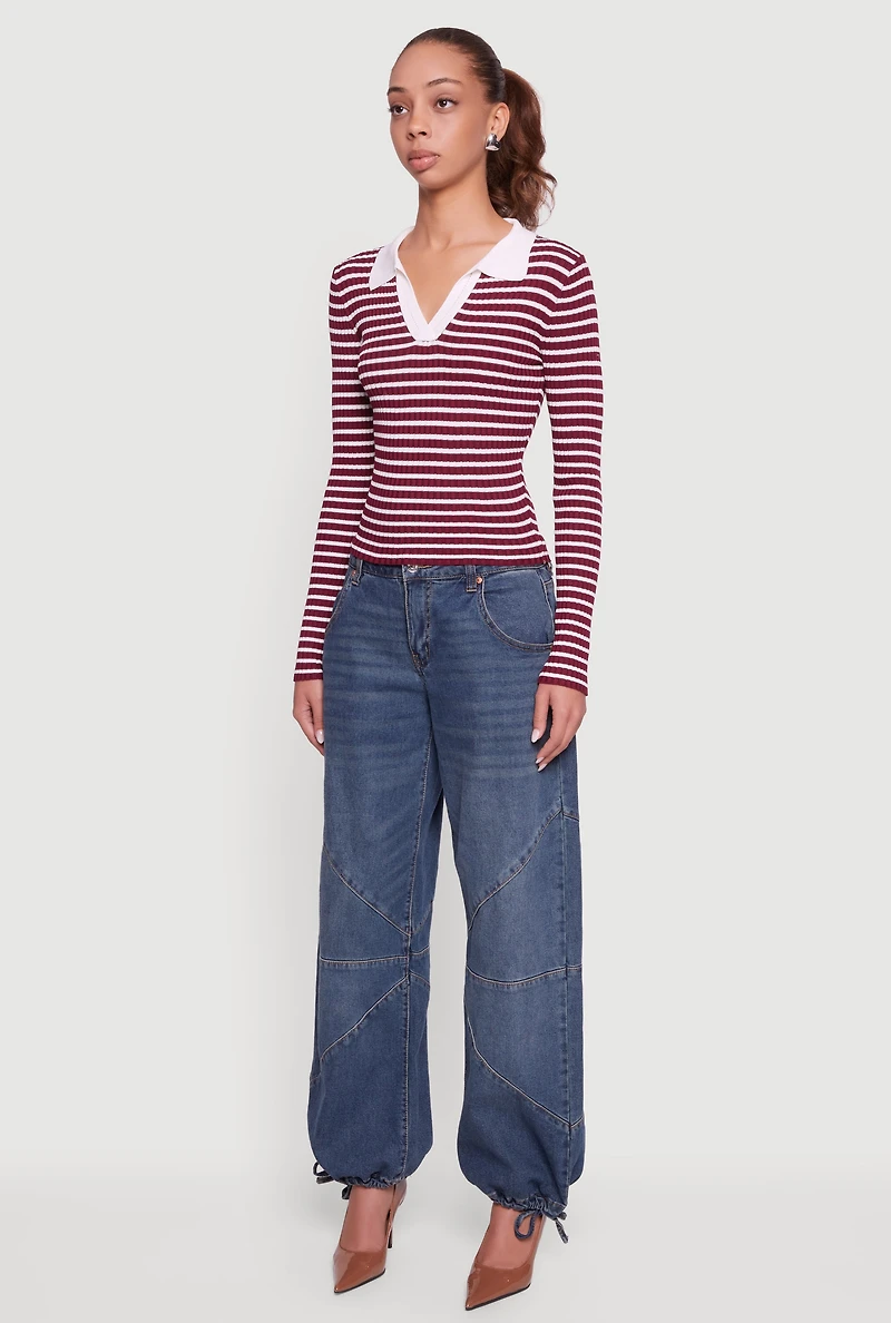 Womens Striped Rib Knit Long Sleeve Polo Shirt, Burgundy, Size L