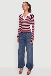 Womens Striped Rib Knit Long Sleeve Polo Shirt, Burgundy, Size L