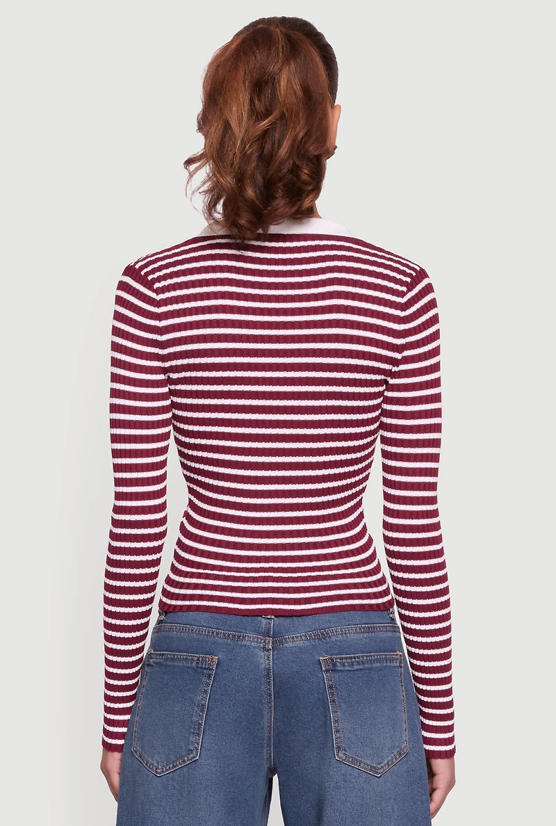 Womens Striped Rib Knit Long Sleeve Polo Shirt, Burgundy, Size L