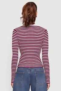 Womens Striped Rib Knit Long Sleeve Polo Shirt, Burgundy, Size L