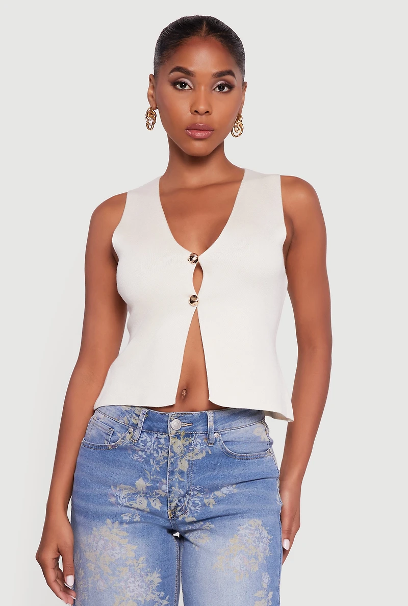 Womens Metallic Button Front Split Hem Sweater Vest, White, Size M