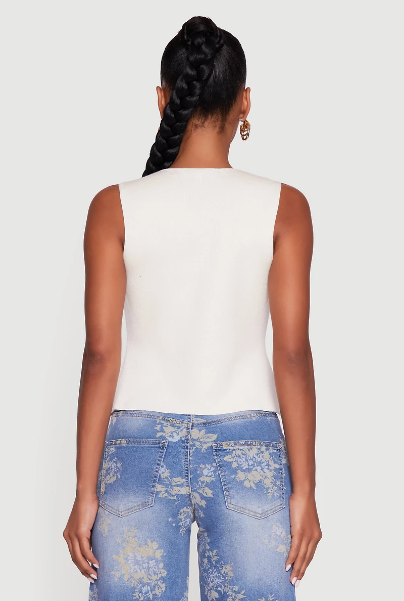 Womens Metallic Button Front Split Hem Sweater Vest, White, Size M