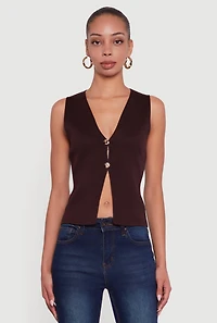 Womens Metallic Button Front Split Hem Sweater Vest, Brown, Size M