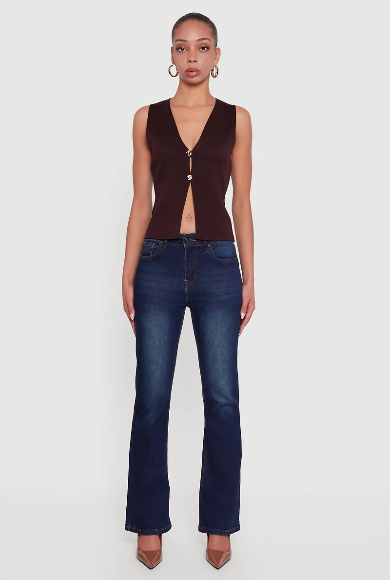 Metallic Button Front Split Hem Sweater Vest