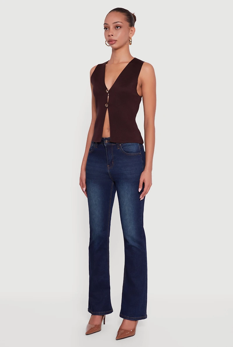 Womens Metallic Button Front Split Hem Sweater Vest, Brown, Size M