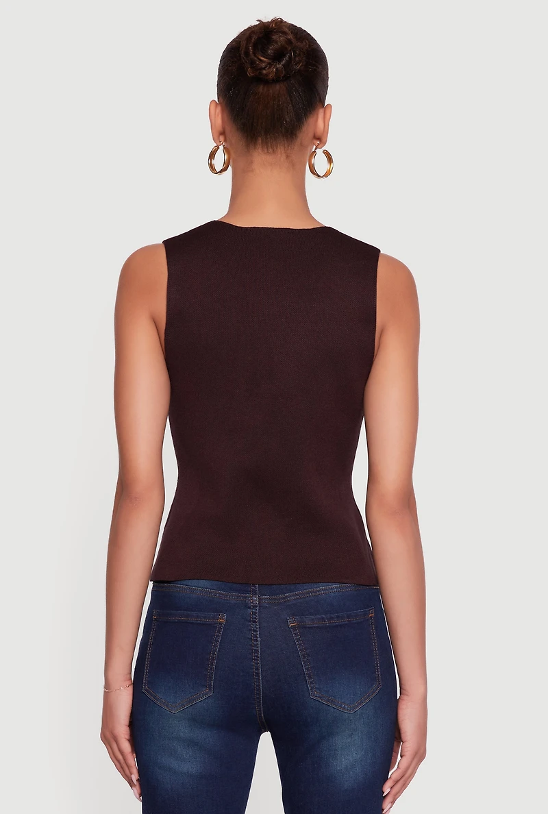 Metallic Button Front Split Hem Sweater Vest