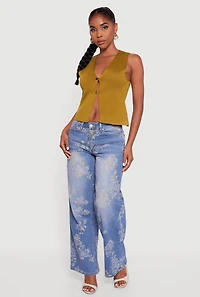 Womens Metallic Button Front Split Hem Sweater Vest, L