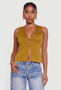 Womens Metallic Button Front Split Hem Sweater Vest, L